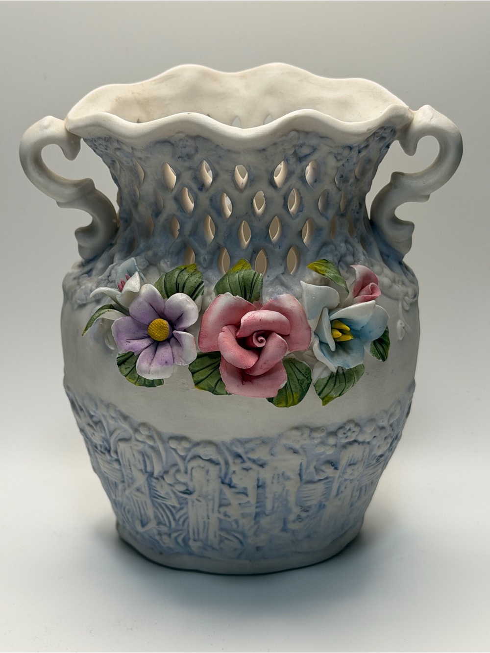 3D Porcelain Floral Lattice Vase in White with Pink and Lavender Flowers
